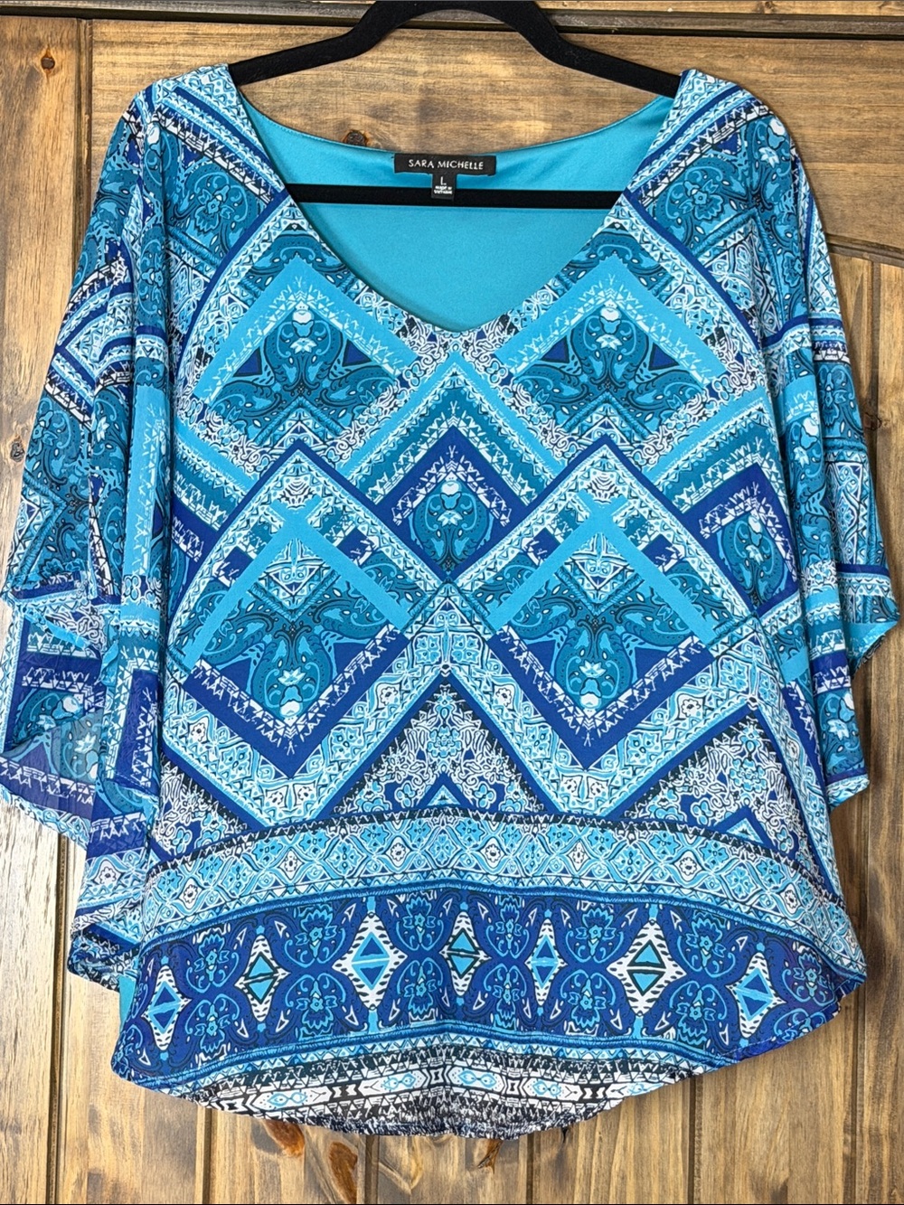 Sara Michelle Blue & Turquoise Geometric V-Neck Blouse
